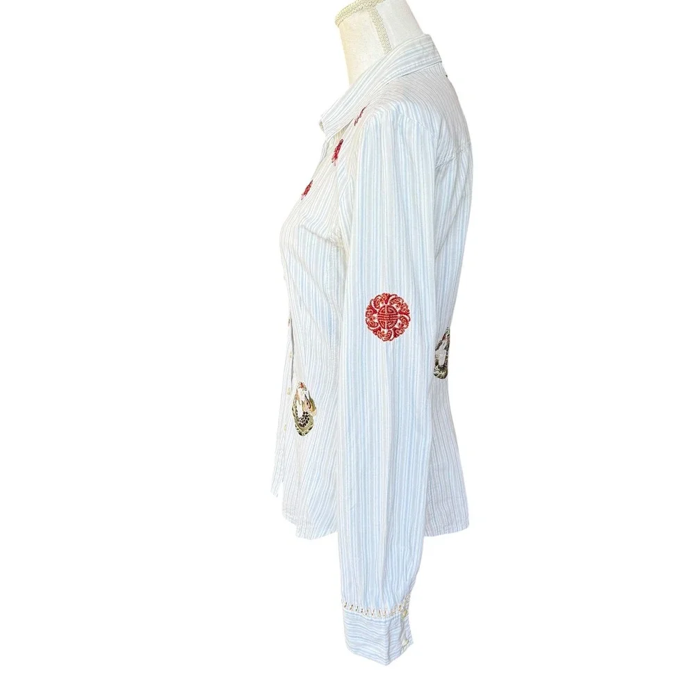 Johnny Was 3J Workshop Embroidered Pinstripe Button Down Shirt Womens Small - Picture 3 of 8